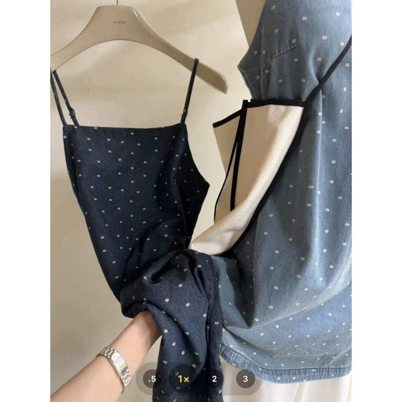 𝐑𝐈𝐂𝐇｜現貨🔥實拍*森系小碎花ins風牛仔吊帶裙-細節圖4