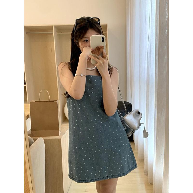 𝐑𝐈𝐂𝐇｜現貨🔥實拍*森系小碎花ins風牛仔吊帶裙-細節圖7