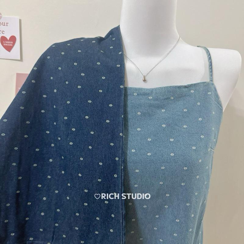 𝐑𝐈𝐂𝐇｜現貨🔥實拍*森系小碎花ins風牛仔吊帶裙-細節圖8