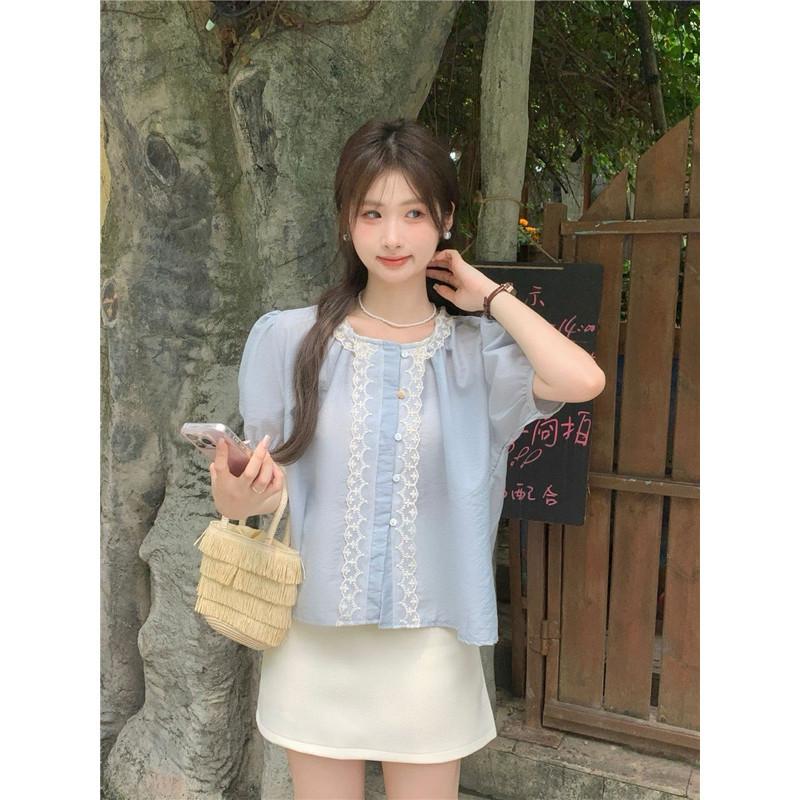 𝐑𝐈𝐂𝐇｜現貨🔥實拍*韓系減齡微透花邊拼接甜美百搭天絲質感泡泡袖-細節圖5