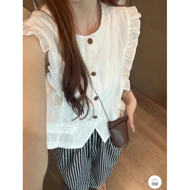 𝐑𝐈𝐂𝐇｜現貨♡設計感飛飛袖拼接荷葉邊無袖純棉襯衫-細節圖2