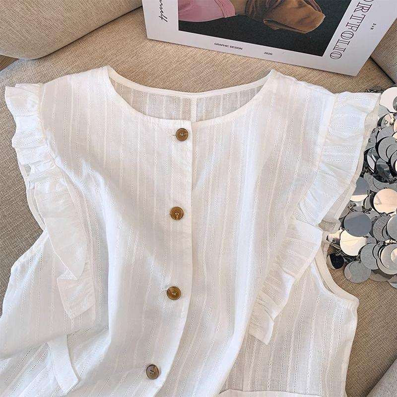 𝐑𝐈𝐂𝐇｜現貨♡設計感飛飛袖拼接荷葉邊無袖純棉襯衫-細節圖3