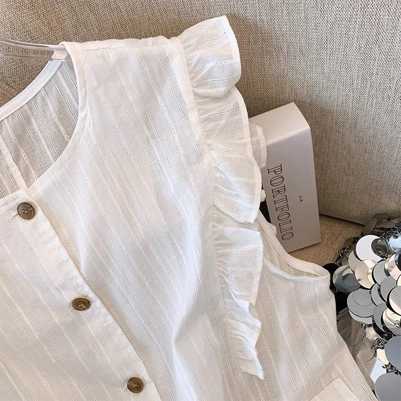 𝐑𝐈𝐂𝐇｜現貨♡設計感飛飛袖拼接荷葉邊無袖純棉襯衫-細節圖5