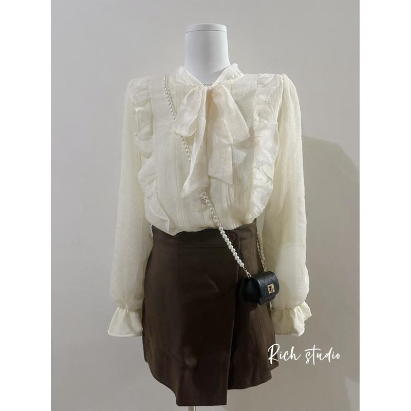 𝐑𝐈𝐂𝐇｜冷冷也要當仙女!!加絨荷葉邊蝴蝶結喇叭袖雪紡上衣♡預購-細節圖4