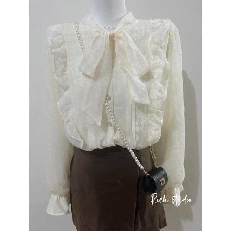 𝐑𝐈𝐂𝐇｜冷冷也要當仙女!!加絨荷葉邊蝴蝶結喇叭袖雪紡上衣♡預購-細節圖5