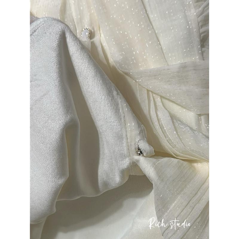 𝐑𝐈𝐂𝐇｜冷冷也要當仙女!!加絨荷葉邊蝴蝶結喇叭袖雪紡上衣♡預購-細節圖8