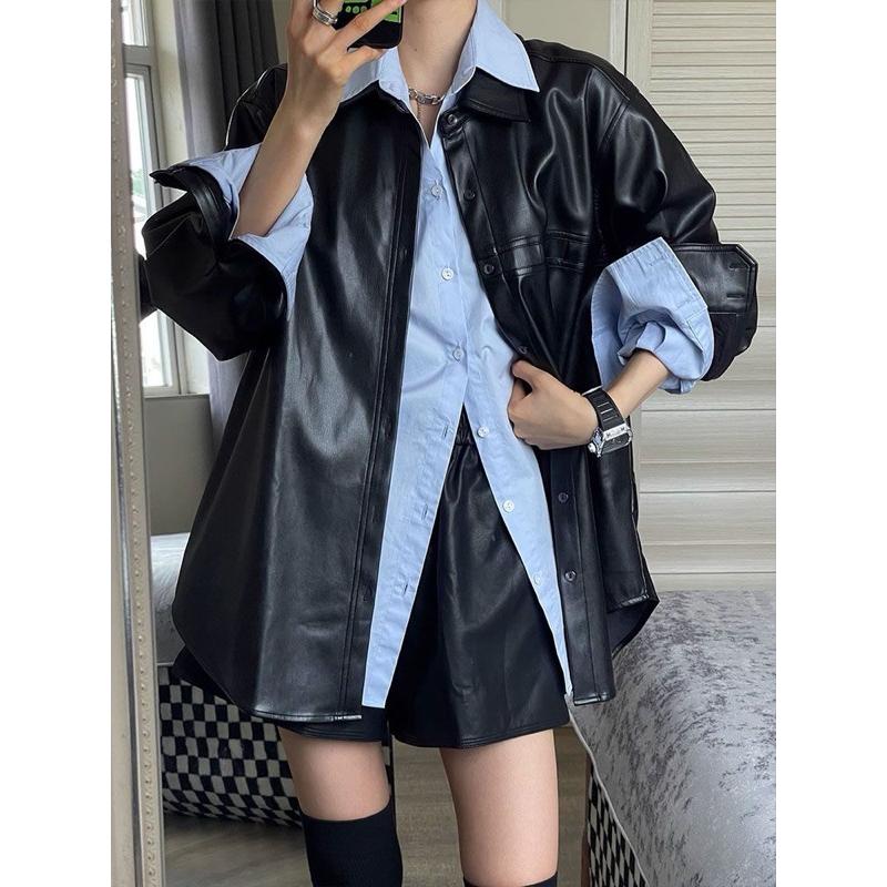 𝐑𝐈𝐂𝐇｜秋冬帥氣簡約皮外套+下擺開叉襯衫♡現貨+預購-細節圖2