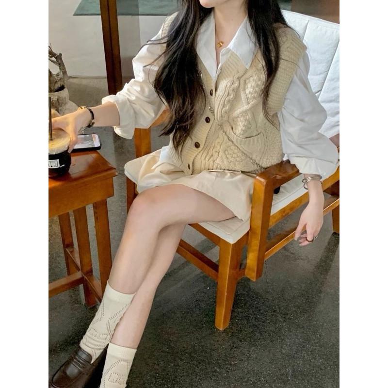 𝐑𝐈𝐂𝐇｜實拍*森系復古開衫馬甲+百搭襯衫兩件式上衣（預購）-細節圖4