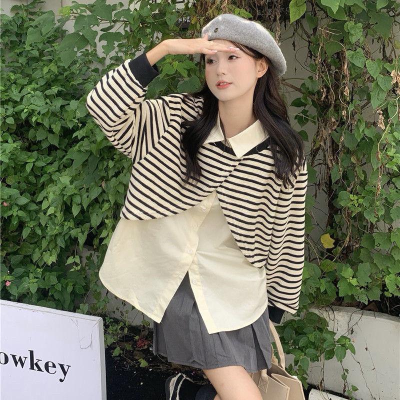 𝐑𝐈𝐂𝐇｜實拍*條紋拼接假兩件衛衣女設計感上衣🫧預購-細節圖2