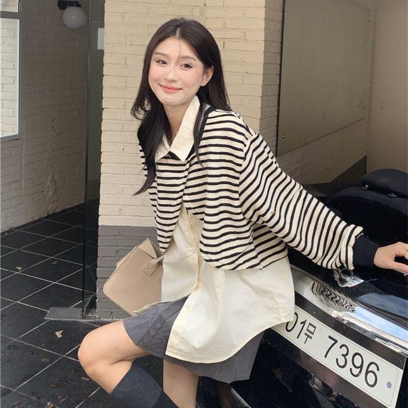 𝐑𝐈𝐂𝐇｜實拍*條紋拼接假兩件衛衣女設計感上衣🫧預購-細節圖3