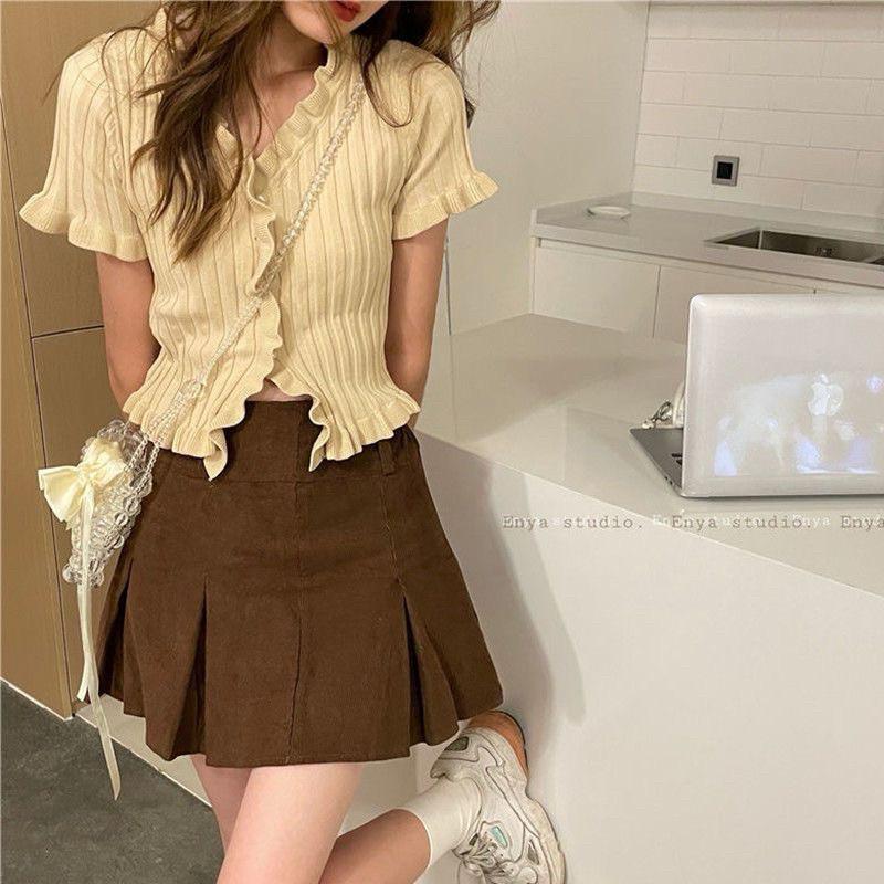 𝐑𝐈𝐂𝐇｜甜辣風高腰百褶半身裙+木耳邊短袖針織上衣套裝🫧預購-細節圖2