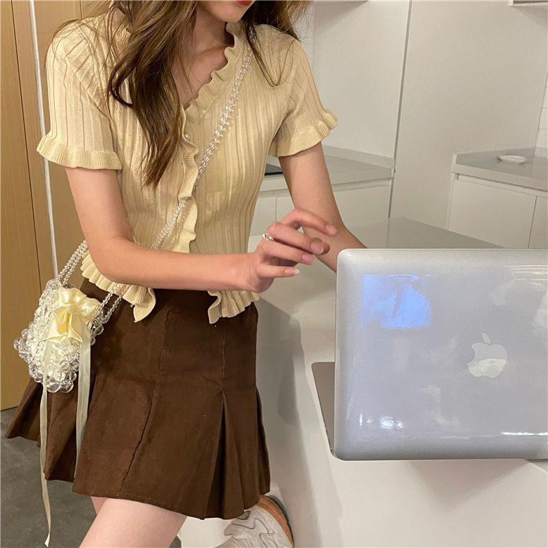 𝐑𝐈𝐂𝐇｜甜辣風高腰百褶半身裙+木耳邊短袖針織上衣套裝🫧預購-細節圖4