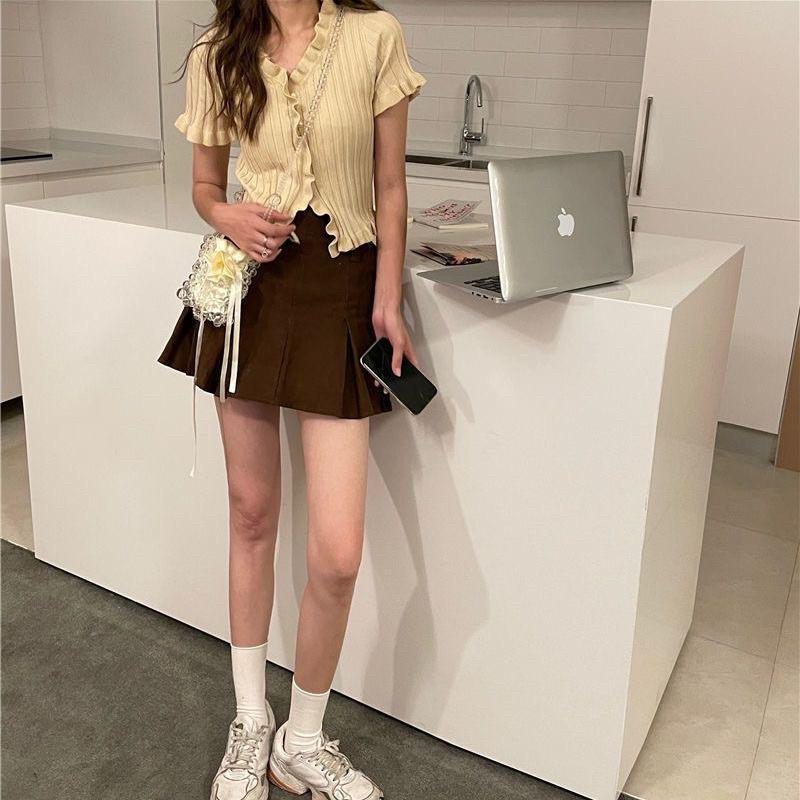 𝐑𝐈𝐂𝐇｜甜辣風高腰百褶半身裙+木耳邊短袖針織上衣套裝🫧預購-細節圖5