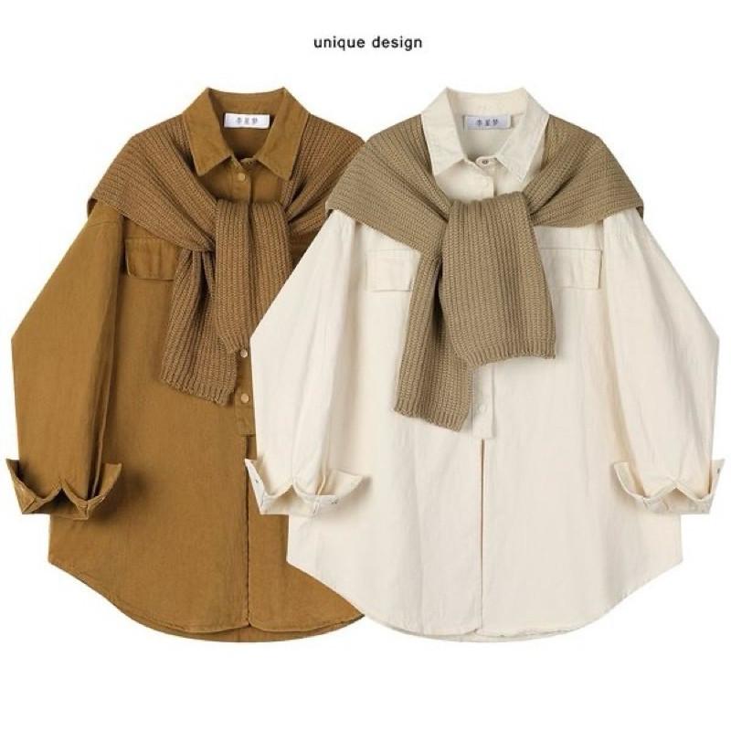 𝐑𝐈𝐂𝐇｜現貨+預購🫶🏻實拍*鹽系韓版襯衫疊穿披肩上衣-細節圖2