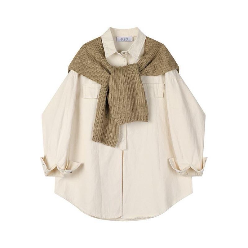 𝐑𝐈𝐂𝐇｜現貨+預購🫶🏻實拍*鹽系韓版襯衫疊穿披肩上衣-細節圖3