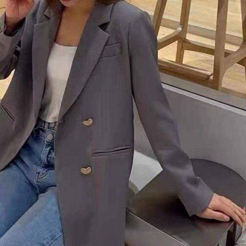 𝐑𝐈𝐂𝐇｜現貨+預購♡百搭時尚雅灰色黑色寬鬆英倫風中長款西裝外套-細節圖7