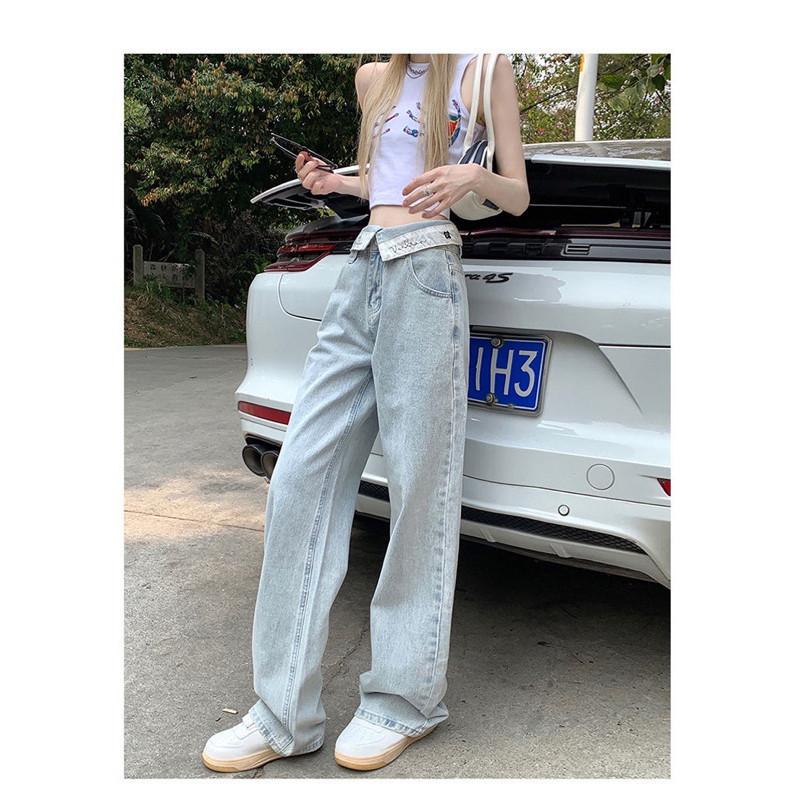 𝐑𝐈𝐂𝐇｜現貨+預購🔥實拍*設計感高腰淺藍色翻邊折腰牛仔闊腿褲-細節圖6