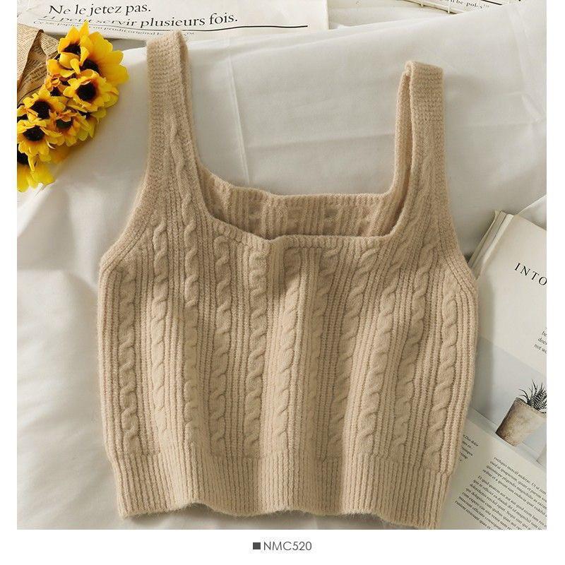 𝐑𝐈𝐂𝐇｜現貨+預購♡復古麻花針織吊帶背心女外穿內搭短款疊穿馬甲-細節圖4