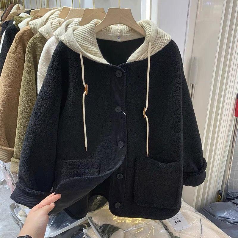 𝐑𝐈𝐂𝐇｜現貨+預購🫶🏻實拍*帽子可拆針織連帽羊羔毛外套♡寬鬆百搭-細節圖3