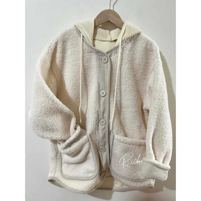 𝐑𝐈𝐂𝐇｜現貨+預購🫶🏻實拍*帽子可拆針織連帽羊羔毛外套♡寬鬆百搭-細節圖5