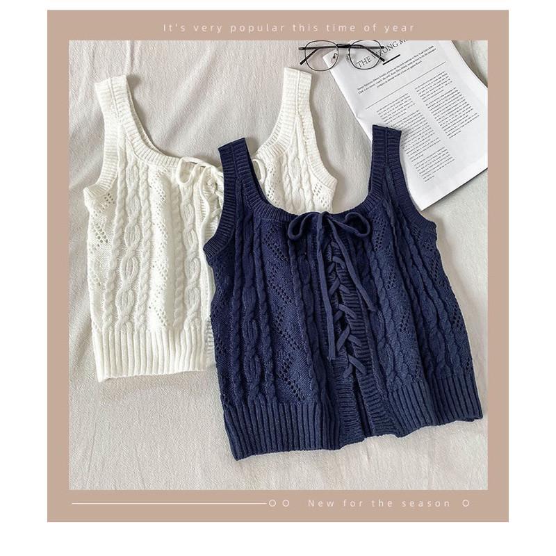 𝐑𝐈𝐂𝐇|針織雙面穿法式吊帶上衣設計感小眾外穿綁帶白色短款小背心 現貨+預購-細節圖3