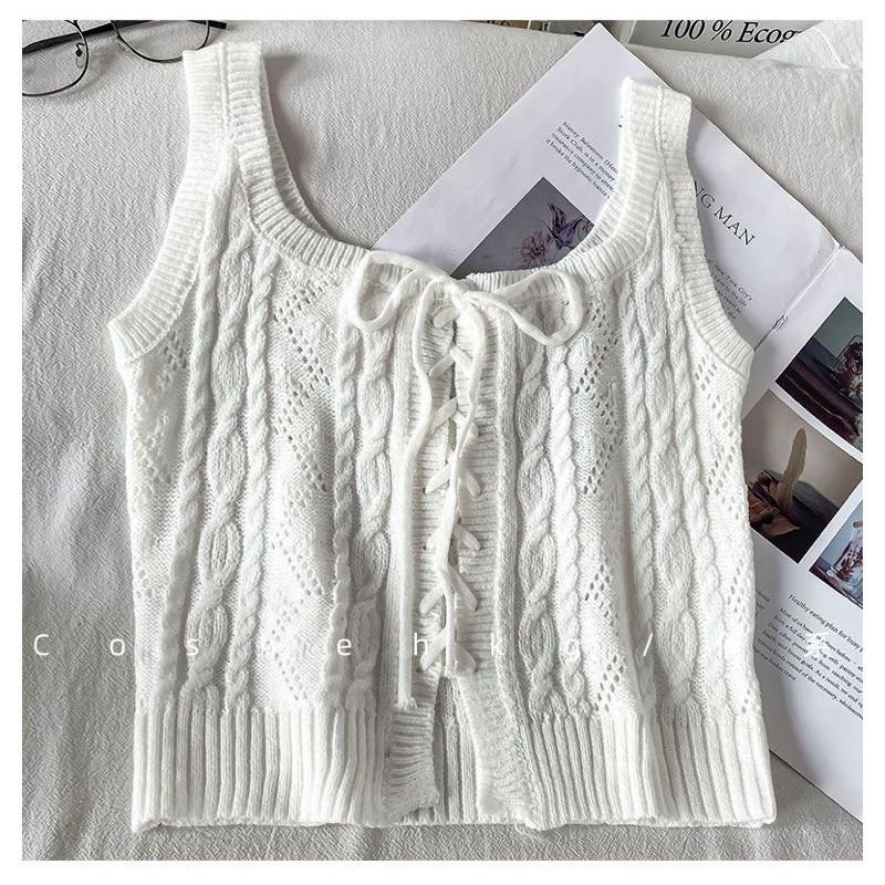 𝐑𝐈𝐂𝐇|針織雙面穿法式吊帶上衣設計感小眾外穿綁帶白色短款小背心 現貨+預購-細節圖4