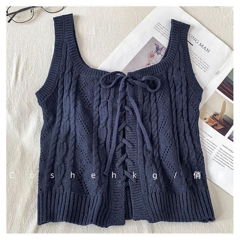 𝐑𝐈𝐂𝐇|針織雙面穿法式吊帶上衣設計感小眾外穿綁帶白色短款小背心 現貨+預購-細節圖5