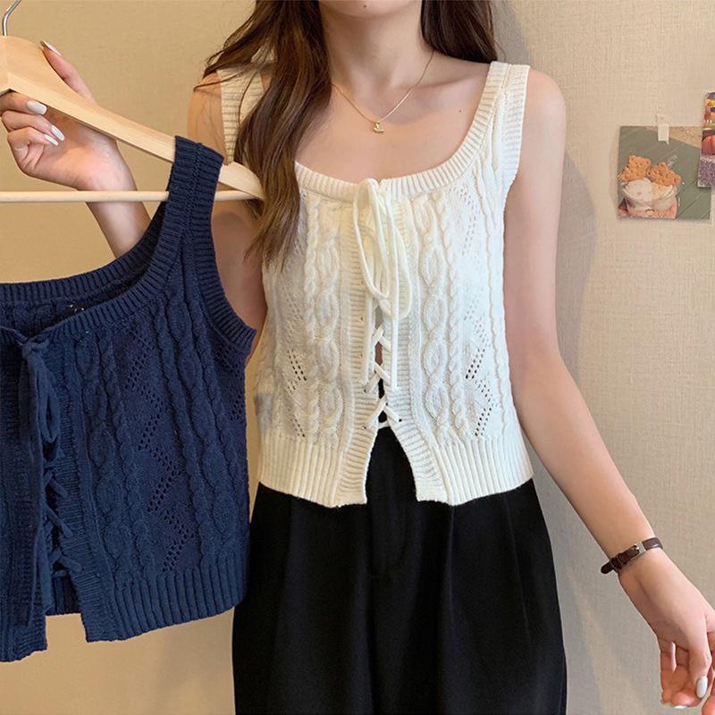 𝐑𝐈𝐂𝐇|針織雙面穿法式吊帶上衣設計感小眾外穿綁帶白色短款小背心 現貨+預購-細節圖7