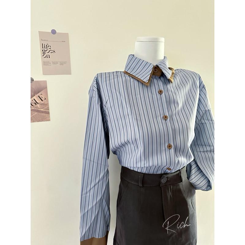 𝐑𝐈𝐂𝐇｜現貨🔥實拍*高級感寬鬆竪條紋襯衫+灰色半身短裙-細節圖7