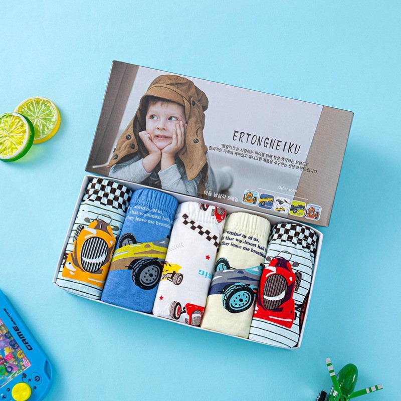 內褲 熱銷 兒童內褲 透氣禮盒 男童 三角內褲 盒裝5件 類純棉 恐龍 小恐龍 卡車 賽車 可愛-規格圖9