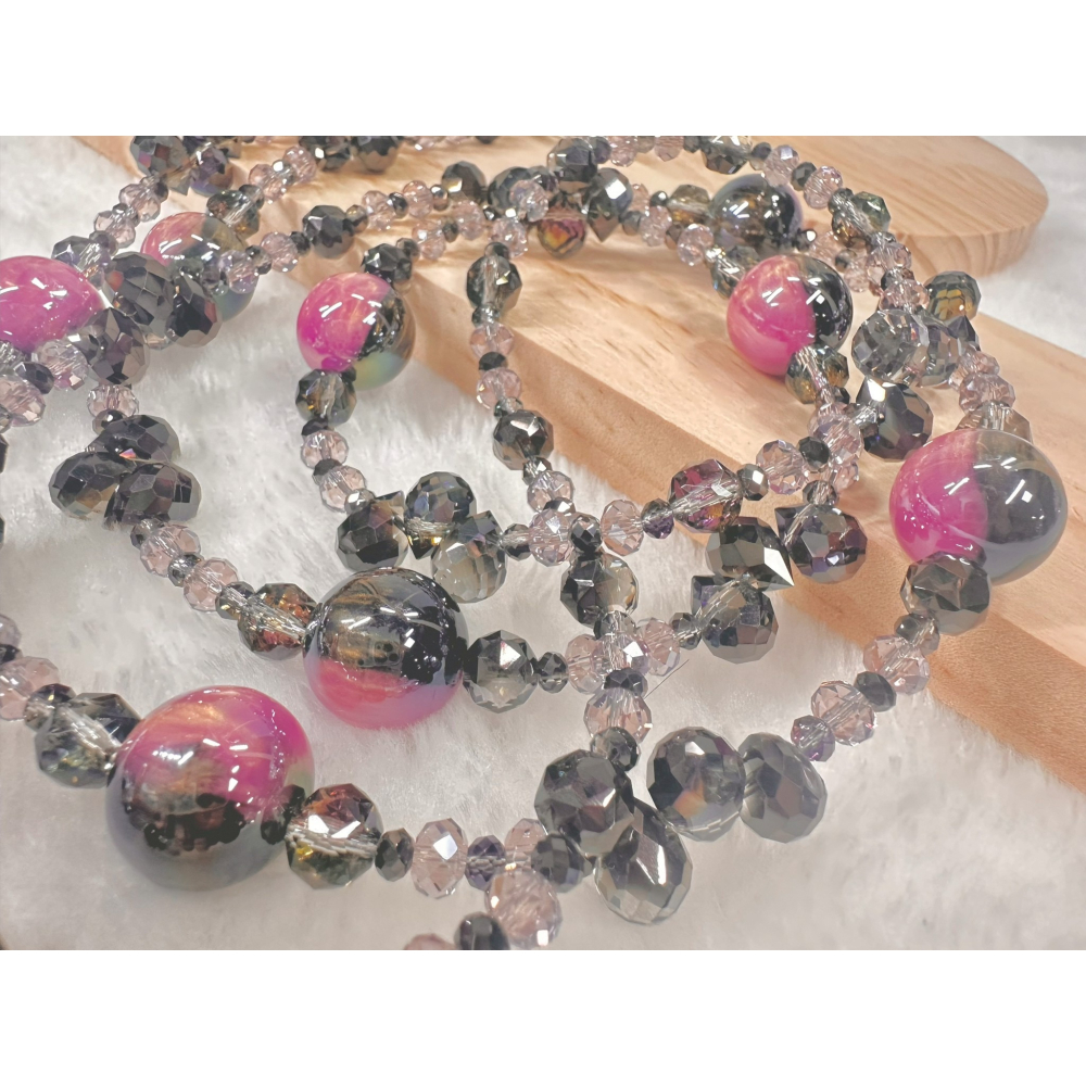 A2黑配淡淡紫粉雙色海蒂珠長鍊 海蒂珠 花球 繡球花 夜光 溫變 雙鍊 單鍊 手機鍊 手機掛繩 包掛-細節圖2