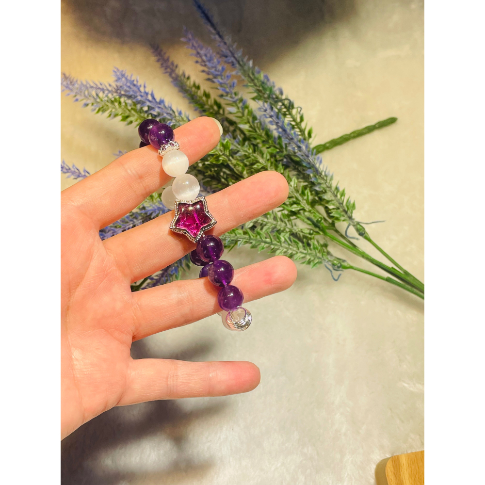 星光燦爛🌟紫水晶+白貓眼智慧與守護的神仙組合仙氣滿滿10mm-細節圖2