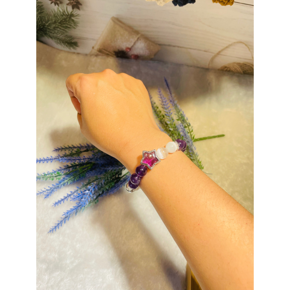 星光燦爛🌟紫水晶+白貓眼智慧與守護的神仙組合仙氣滿滿10mm-細節圖3