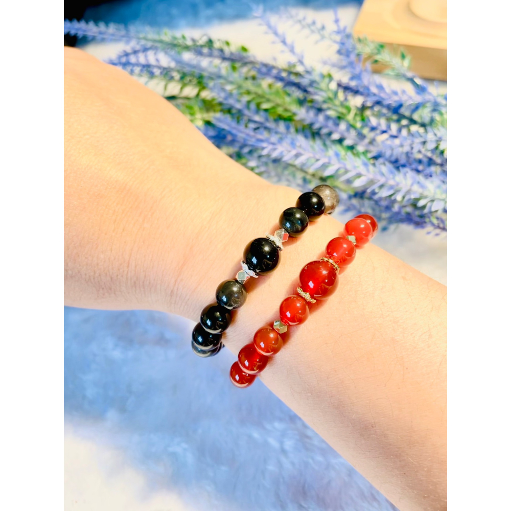 神秘感紅瑪瑙黑曜石設計款水晶手鍊避邪擋煞好運時尚-細節圖2