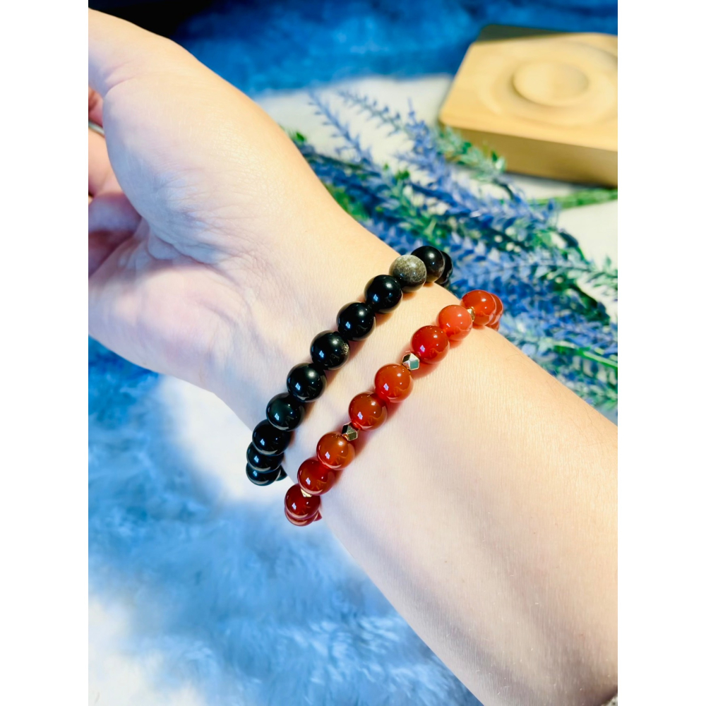 神秘感紅瑪瑙黑曜石設計款水晶手鍊避邪擋煞好運時尚-細節圖3