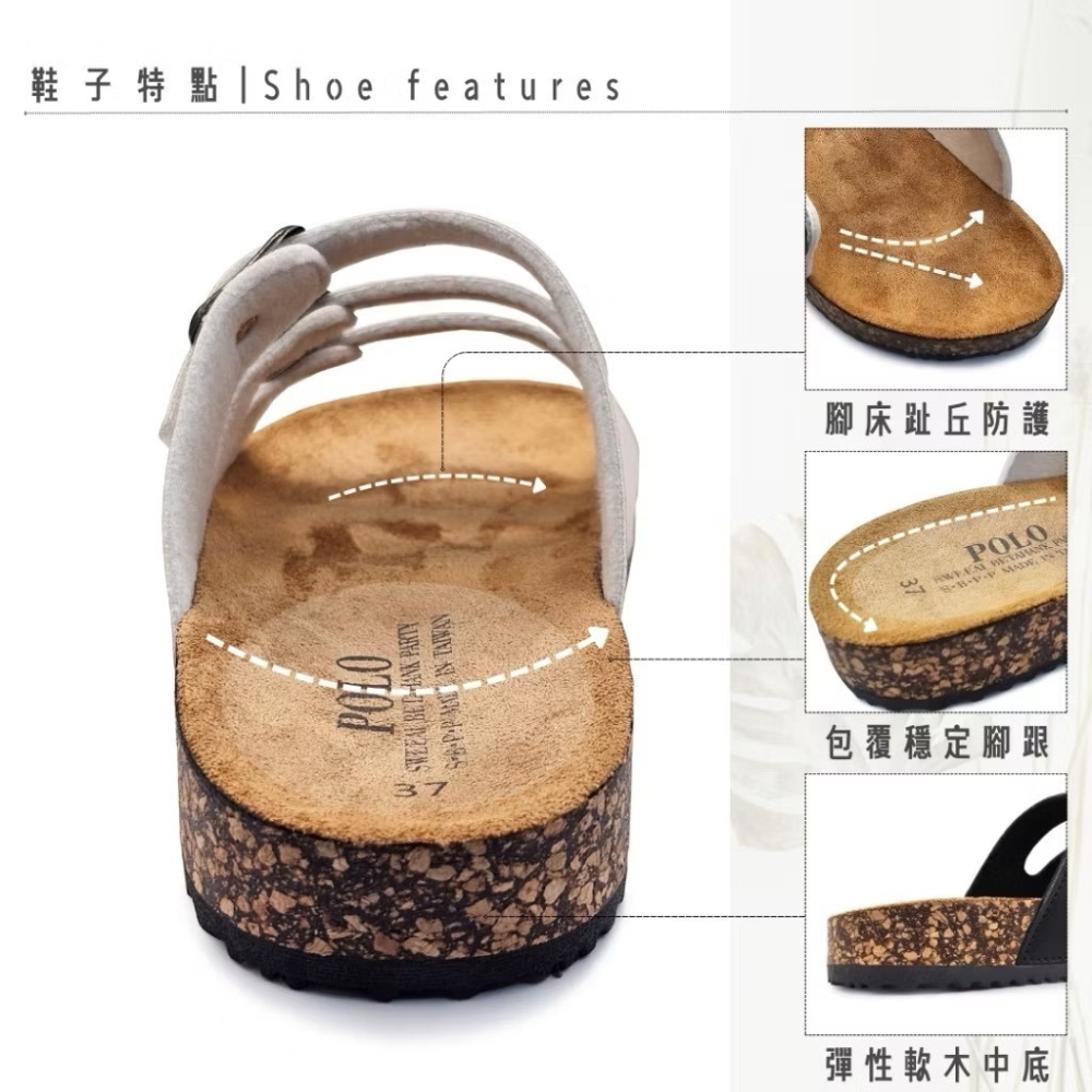 MIT 女鞋 三扣環可調整硬底支撐舒適拖鞋-細節圖4