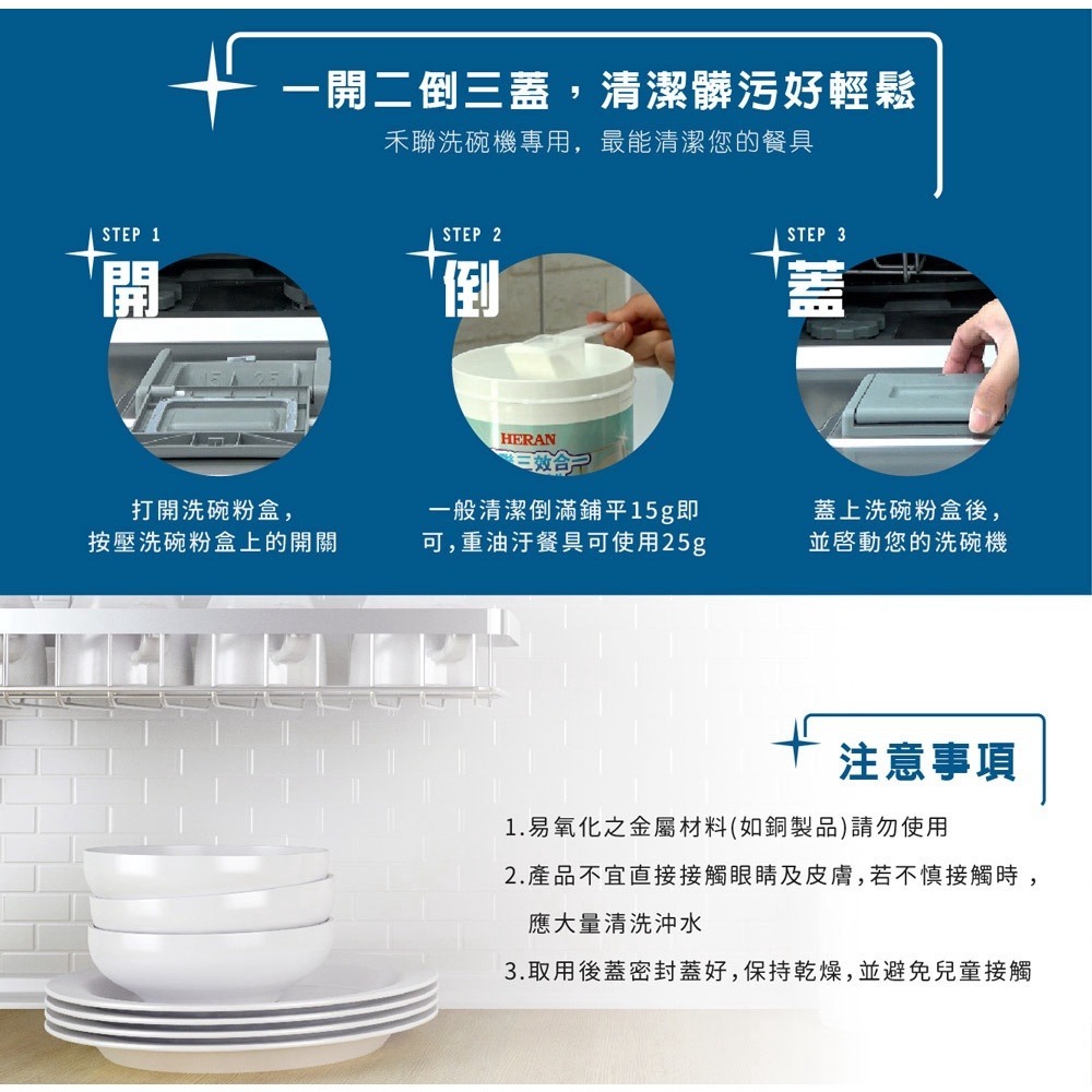 【 現貨速出貨】HERAN 禾聯 大容量 1000克 三效合一 洗碗機 HDP-10D1 專用洗碗粉 通用他牌洗碗機-細節圖2