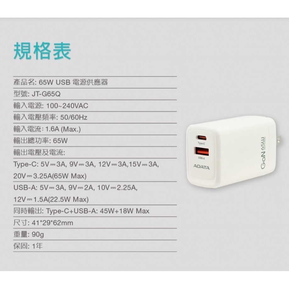 【ADATA 威剛】JT-G65Q USB-C/A 65W 氮化鎵 雙孔 PD快充充電器-細節圖6