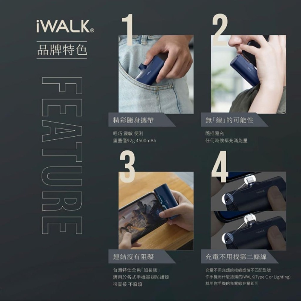 【台灣現貨】【賀野市集】iWALK 四代直插式行動電源 加長版 iPhone 充電寶 手機寶 口袋電源 即插即用 多顏色-細節圖3