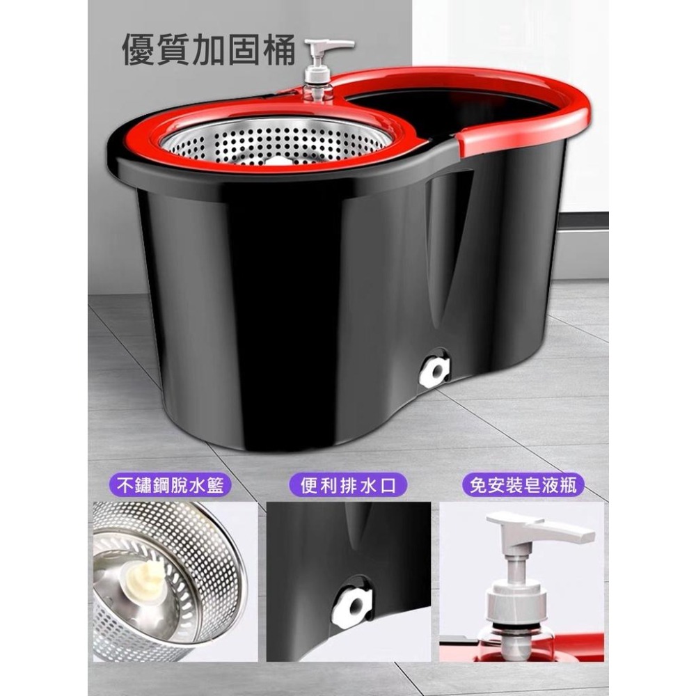 【台灣現貨】【賀野市集】加強版 旋轉拖把 桿身加強不鏽鋼 更好洗拖 加厚超吸水細纖維布 1桶1桿5布 手壓拖把 乾濕兩用-細節圖2