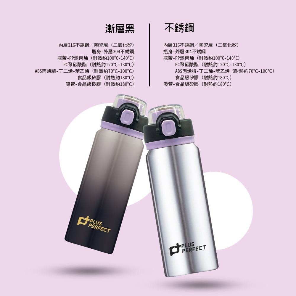 【賀野市集】不鏽鋼水瓶 316不鏽鋼 陶瓷內層 彈蓋 吸管 運動水壺 PLUS PERFECT 晶鑽316陶瓷運動彈跳杯-細節圖6