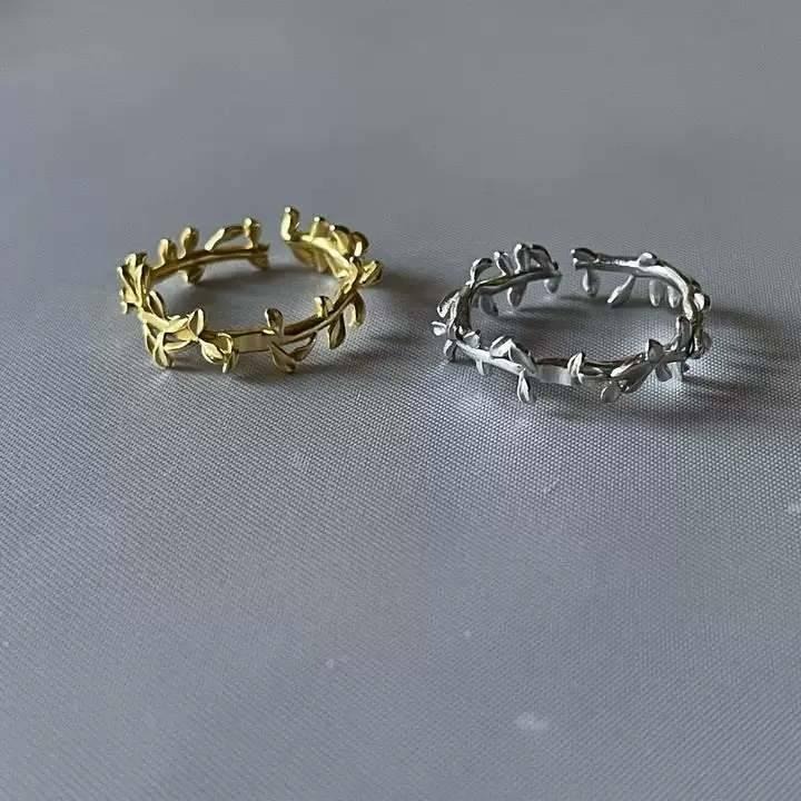 日本優雅復古橄欖枝純銀戒指 全新 S925銀電鍍白金 內徑17mm開口可調節-細節圖2