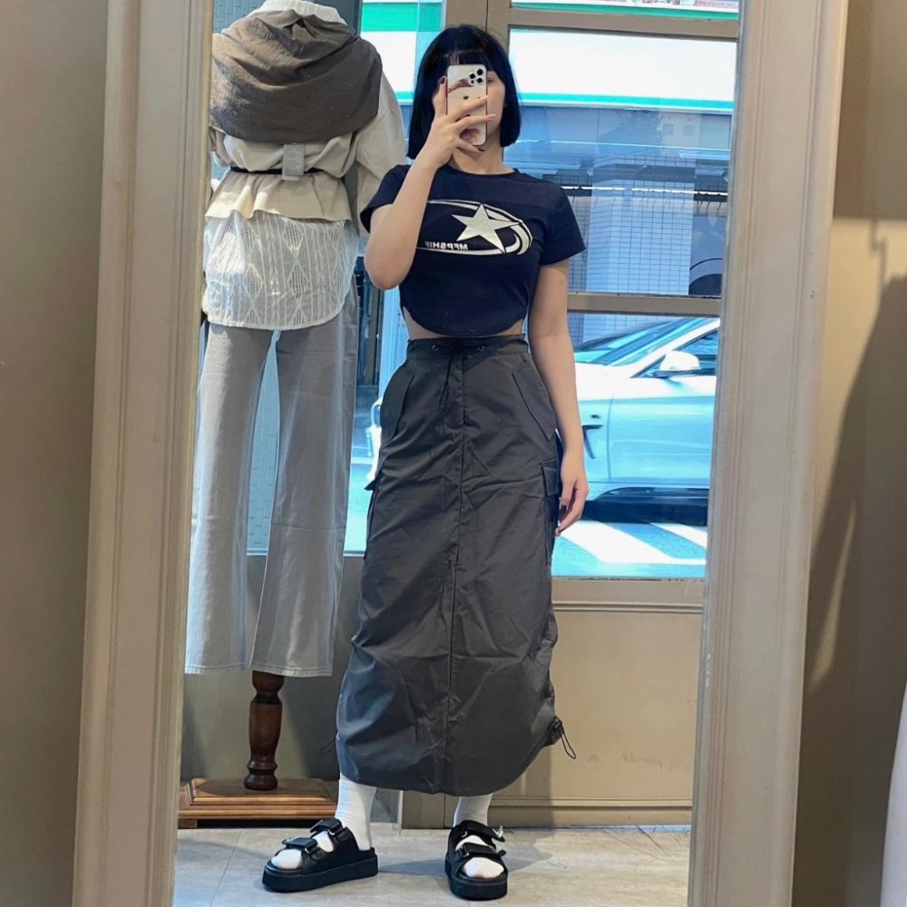 工裝長裙 開衩長裙 美式工裝裙 復古 長裙 工裝風 抽繩長裙 魚尾裙 開衩 工裝長裙 機能風長裙 工裝風 a字長裙 顯瘦-細節圖7