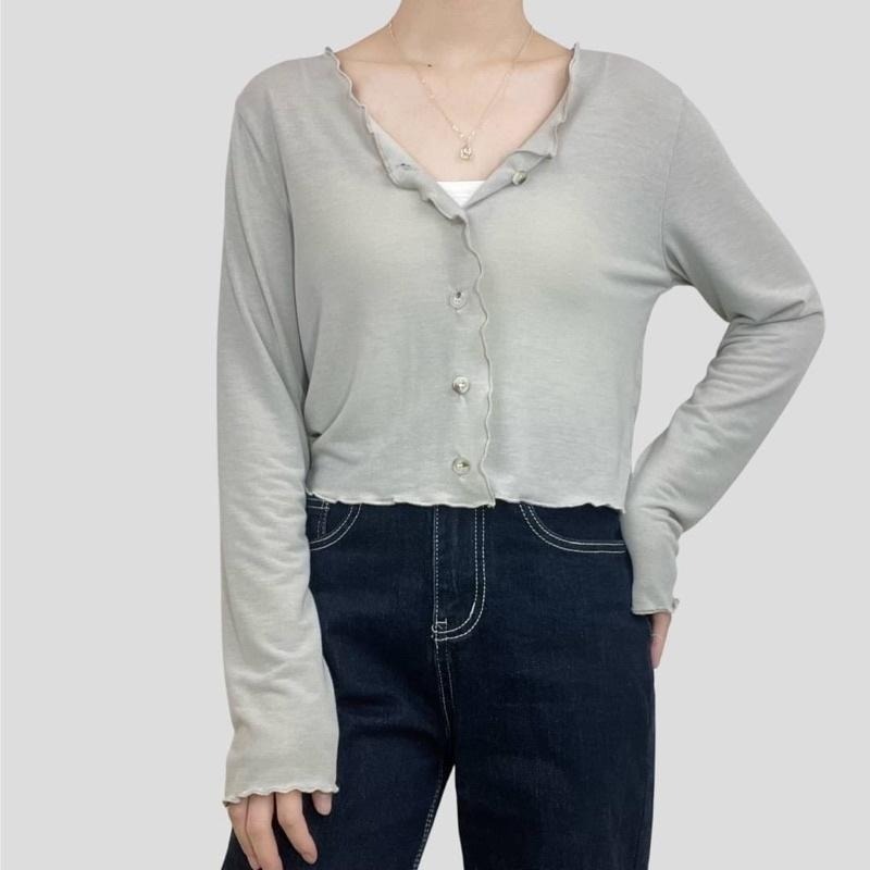 FUCHII 正韓🇰🇷木耳捲邊短版鈕扣上衣長袖早秋秋天秋裝現貨*5色-細節圖3