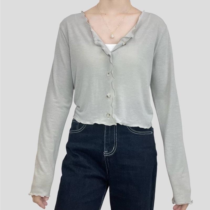 FUCHII 正韓🇰🇷木耳捲邊短版鈕扣上衣長袖早秋秋天秋裝現貨*5色-細節圖4