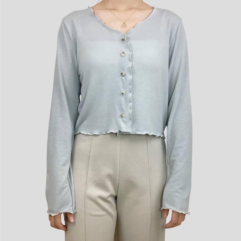 FUCHII 正韓🇰🇷木耳捲邊短版鈕扣上衣長袖早秋秋天秋裝現貨*5色-細節圖5