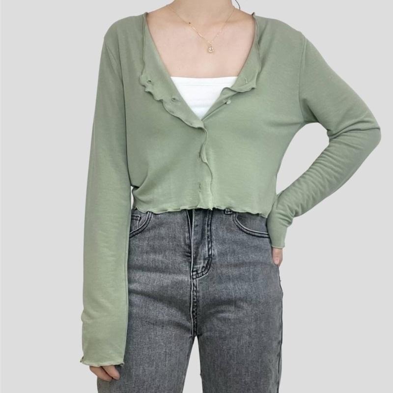 FUCHII 正韓🇰🇷木耳捲邊短版鈕扣上衣長袖早秋秋天秋裝現貨*5色-細節圖7