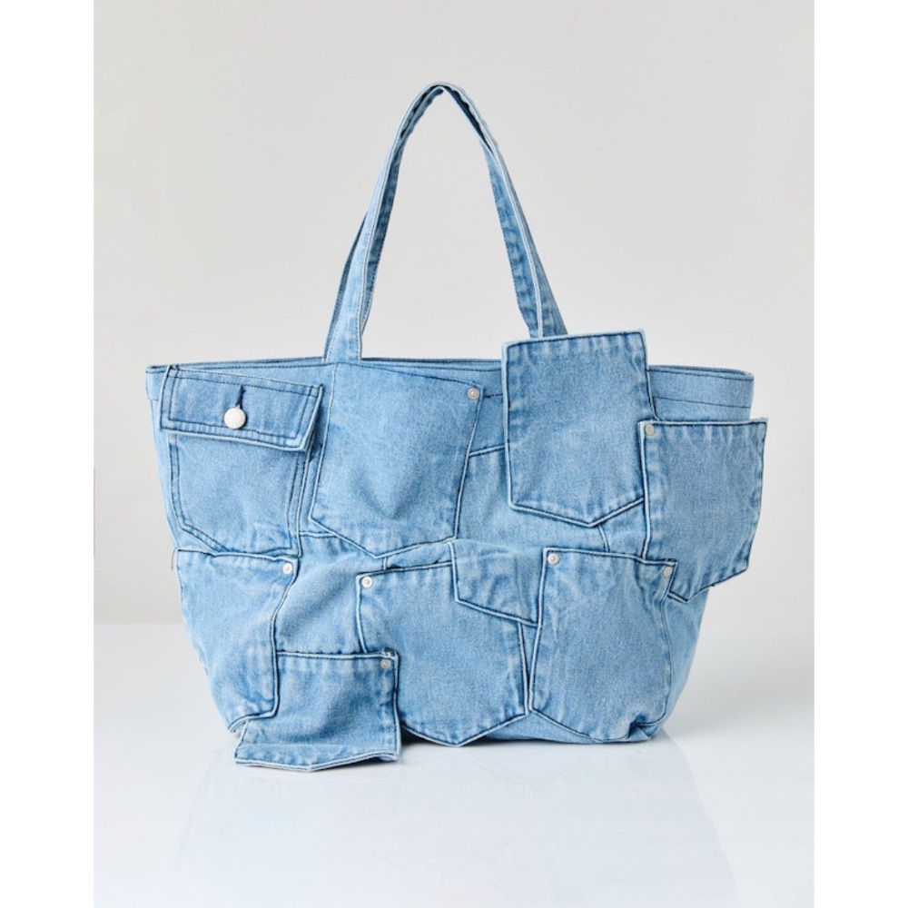 新款牛仔拼布口袋托特包