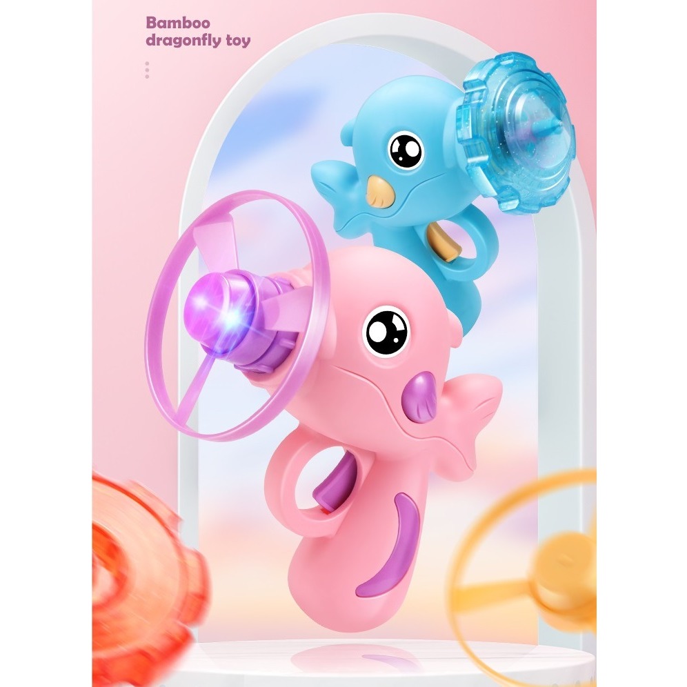 雙功能竹蜻蜓陀螺槍 兒童竹蜻蜓 飛盤 飛碟 旋轉飛天 發光陀螺 男孩女孩 戶外草坪運動 小海豚 (泰)黑冷媽-細節圖5