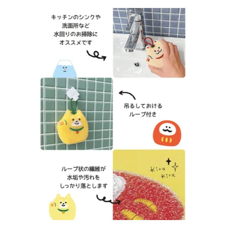 發票🌷日本 清潔海棉 富士山/招財貓/招財柴犬/達摩/可愛動物 造型 環狀纖維 可掛式 海綿 菜瓜布 去污 洗潔刷-細節圖3